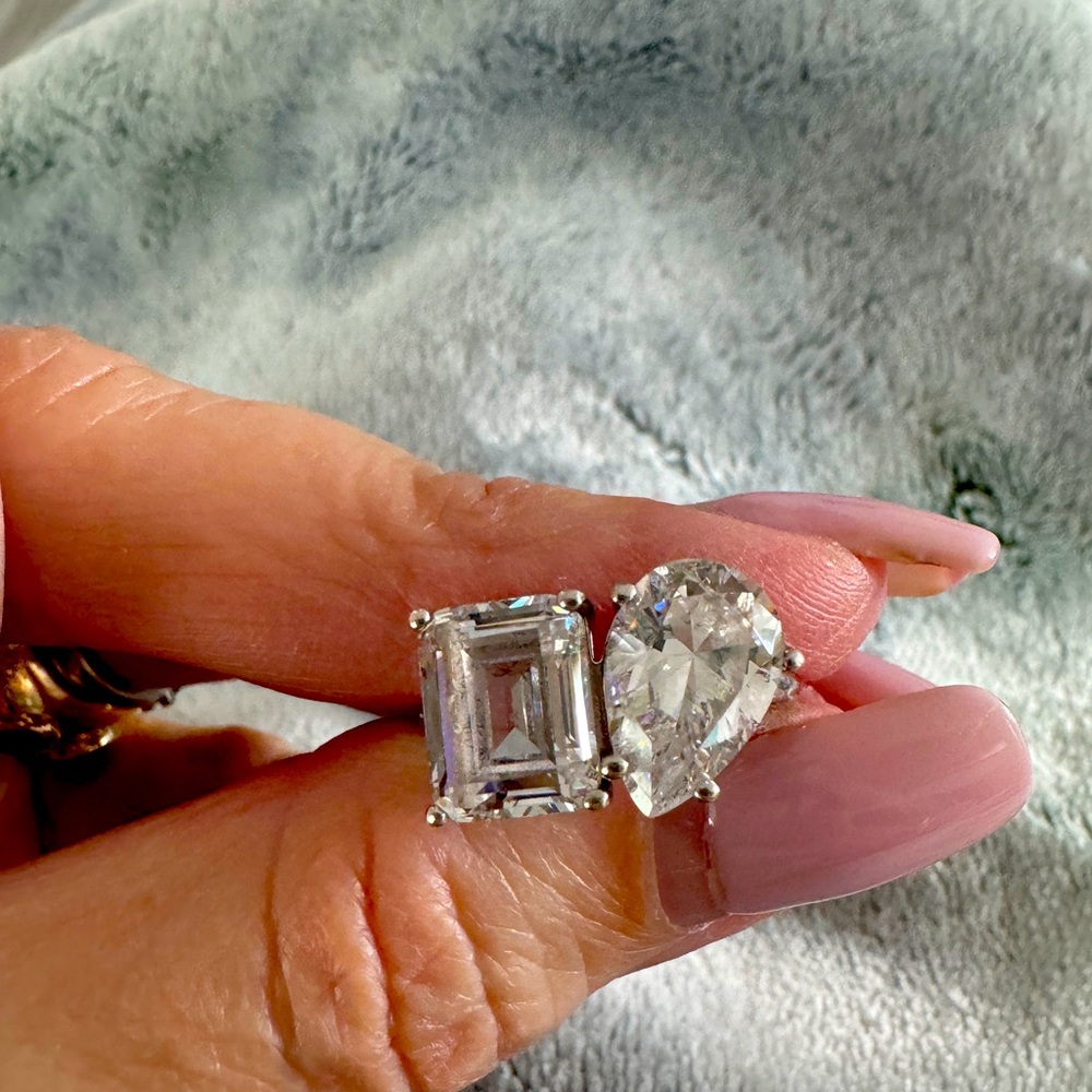 Diamonique  size 6, sterling silver ring, emerald and pear  combo